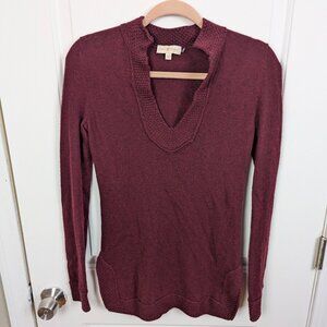 Tory Burch | Burgundy Textured Trim Cashmere V Neck Sweater Size XS